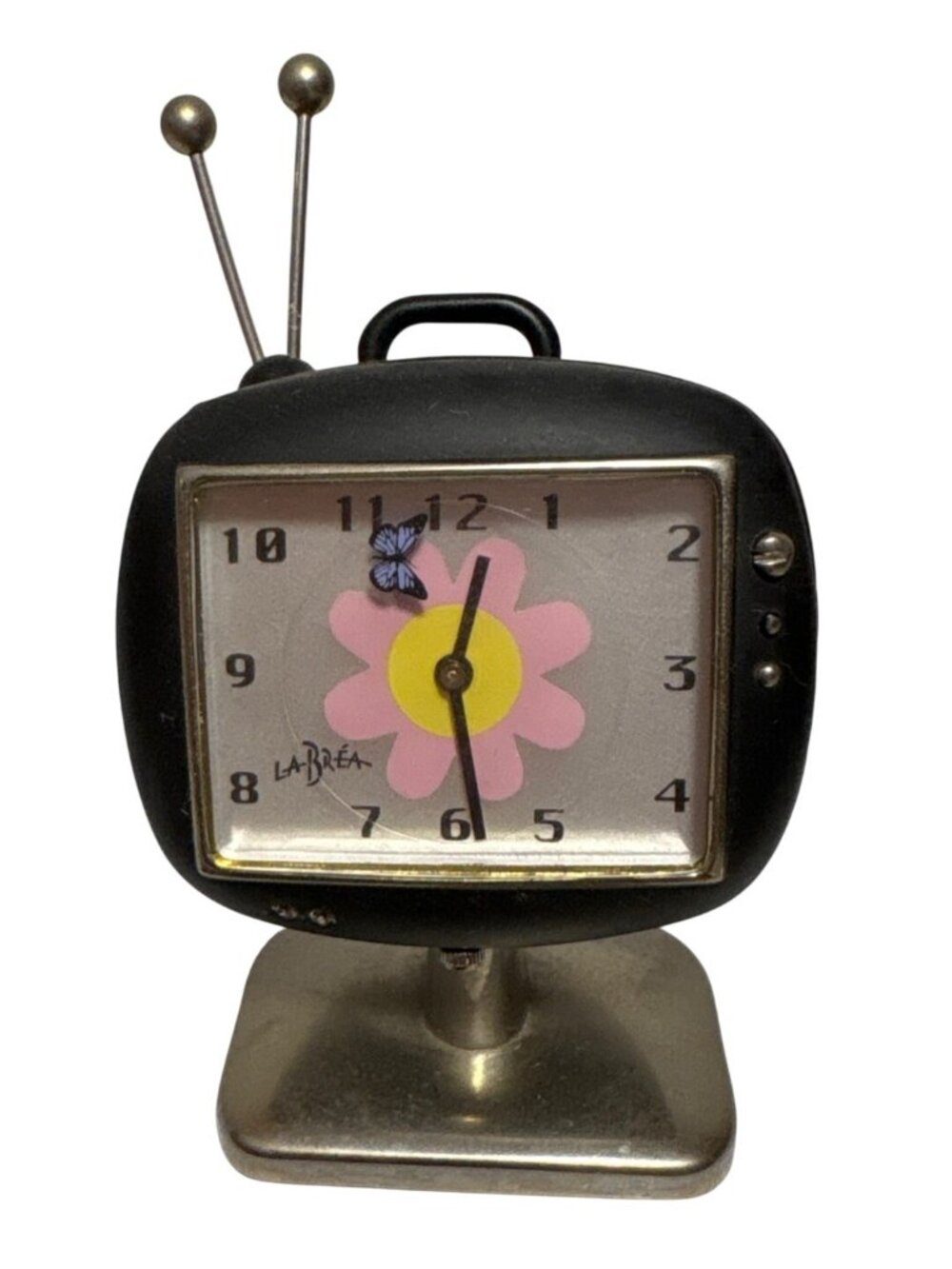 La Brea Desk Clock Retro Mini TV Pink Flower Butterfly 2" Black Silver